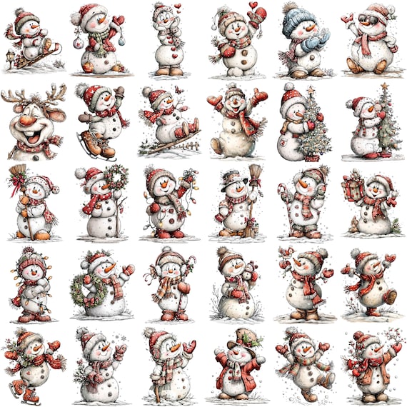 Whimsical Snowman Christmas Clipart | Festive Holiday PNG Bundle | Cute Winter Snowman Graphics | Digital Download - 30 PNGs