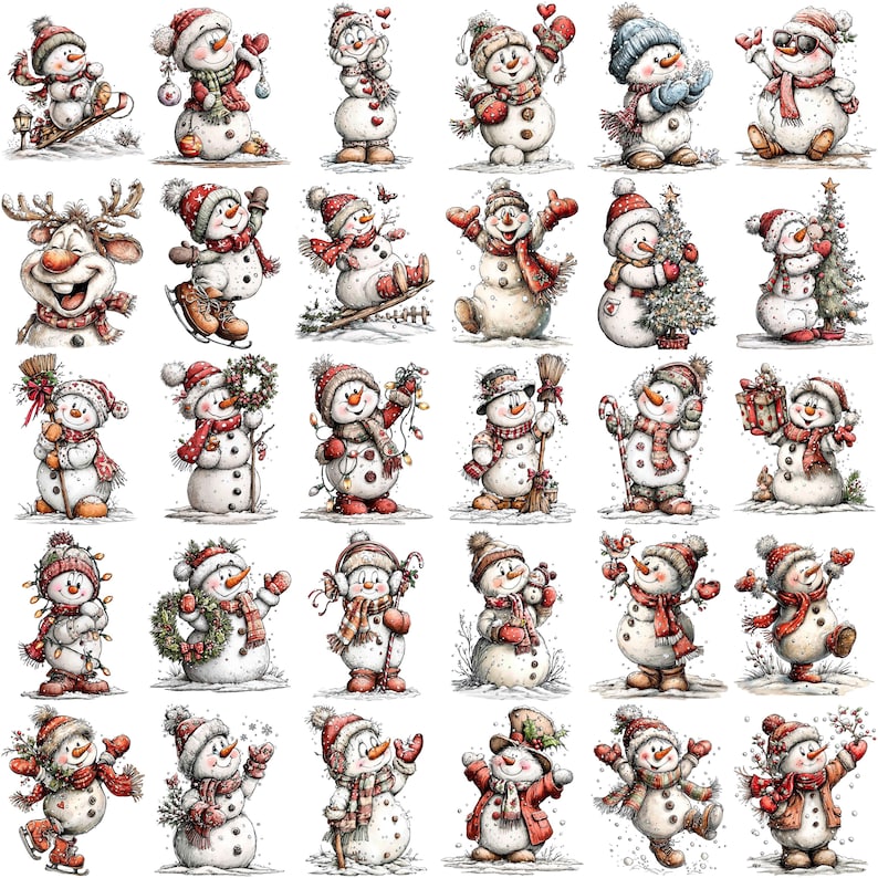 May include: A collection of watercolor illustrations of snowmen in various poses. Each snowman is wearing a hat, scarf, and often holding festive items like a Christmas tree, gifts, or a broom. The snowmen are primarily white with red and brown accents.