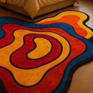 May include: A vibrant, retro-style rug with a flowing design. The rug showcases bold colours: red, orange, yellow, and blue, with a black outline. It's placed on a wooden floor, with a bed visible in the background.