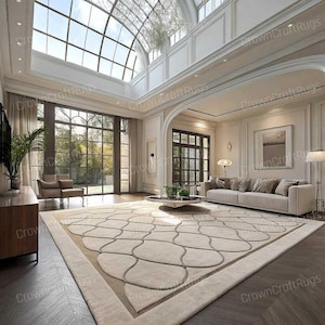 Beige Geometric Wool Rug, Modern Minimalist Carpet for Living Room