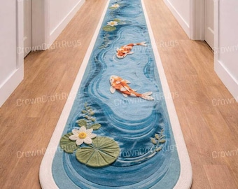 Handmade Koi Fish Pond Runner Rug, Japanese Zen Water Lily Carpet