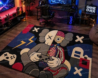 Handmade Kaws Style Gaming Rug, Anime Inspired Tufted Carpet, Gamer Room Decor