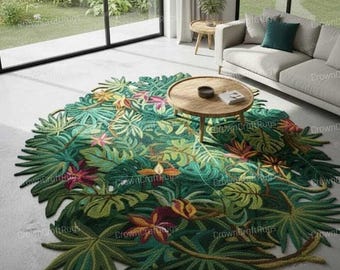 Handmade Tropical Leaf Rug, Jungle Botanical Carpet, Boho Living Room Floor Rug