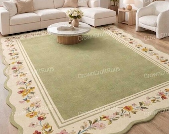 Sage Green Floral Scalloped Rug – Hand-Tufted Botanical Area Carpet