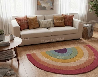 Handmade Rainbow Half Circle Rug, Boho Nursery Carpet, Modern Kids Room Decor