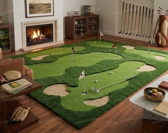 Handmade Tufted Golf Rug, Mini Putting Green Carpet, Sports Room Decor