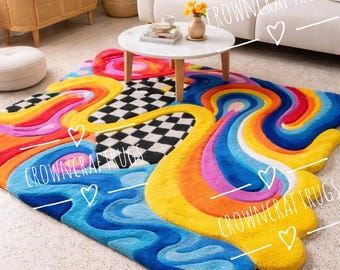 Handmade Rainbow Blob Rug – Irregular High-Low Pile Modern Art Carpet