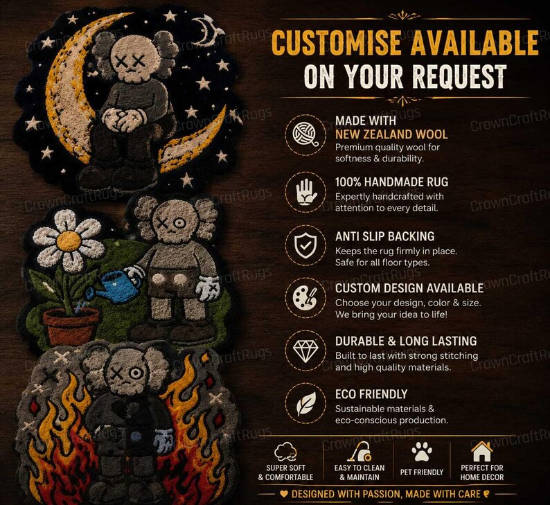 KAWS Inspired Tufted Rug, New Zealand Wool Cartoon Carpet, Streetwear Hypebeast Decor image 4