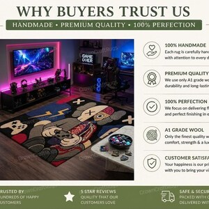 May include: A handmade rug with a cartoon character design, featuring a controller and lightning bolts. The rug is primarily black, gray, red, and blue, and is placed in a gaming room setting.