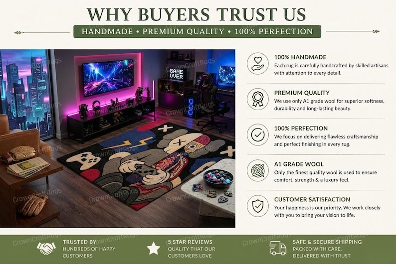 May include: A handmade rug with a cartoon character design, featuring a controller and lightning bolts. The rug is primarily black, gray, red, and blue, and is placed in a gaming room setting.