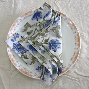 Sky Blue, Green Floral Hand Block Printed Napkins | Sustainable Cotton Dining Set Indian Hand Block Print Table Linen Christmas Gift Wedding