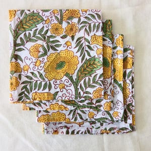Handblock Gedruckte Baumwoll-Servietten, Gelbes Blumen-Servietten-Set, Tischwäsche Esszimmer, Hochzeit, Boho Küche, Geschenk Dekor, Weihnachtsgeschenke