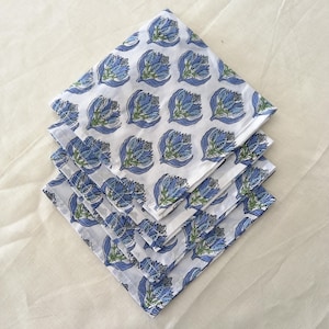 Blue, Green Floral Hand Block Printed Napkins | Sustainable Cotton Dining Set | Indian Hand Block Print Table Linen, Christmas Gift, Wedding