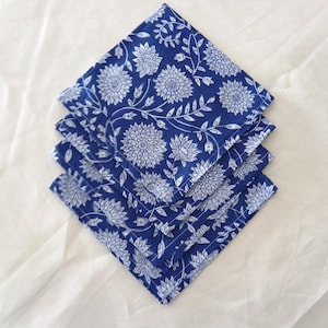 Indigo Blue Floral Hand Block Printed Napkins | Sustainable Cotton Dining Set Indian Hand Block Print Table Linen, Christmas Gift, Wedding