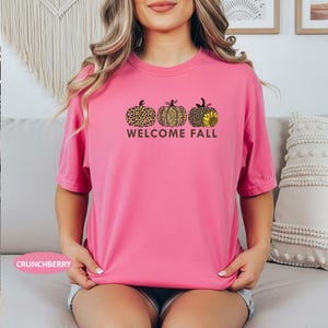 May include: A bright pink short-sleeve t-shirt featuring a graphic of three pumpkins with leopard print patterns and a sunflower accent. The text WELCOME FALL is printed in dark brown letters below the pumpkins. The shirt has a crew neckline.