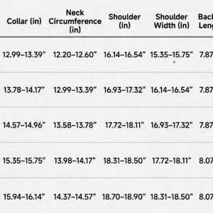 May include: A black and white sizing chart table for apparel, listing measurements in inches for sizes S through XXL. Columns include Collar, Neck Circumference, Shoulder, Shoulder Width, and Back/Front Length with specific numerical ranges.