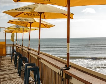 Boardwalk Umbrellas Coastal Photography Print | Ocean View Beach Bar Wall Art