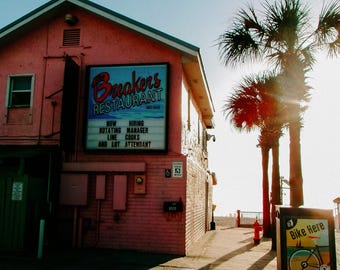 New Smyrna Beach Restaurant Print | Palm Tree Sunset Wall Art | Coastal Decor