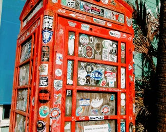 Vintage Red Phone Booth Print | Florida Coastal Street Photography, Travel Art