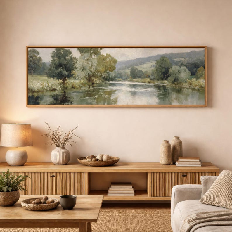 River Landscape Framed Canvas Print, Panoramic Wall Art With Trees ...