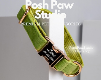 Personalized Velvet Dog Collar Color  – Custom Name Engraved Metal Buckle, Adjustable Pet Collar for Small Medium Large Dogs
