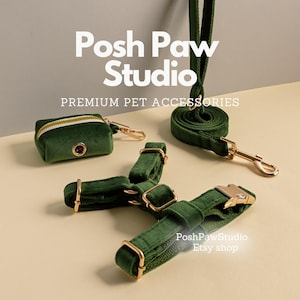 Puede incluir: Un conjunto de accesorios premium para mascotas en terciopelo verde oscuro. El conjunto incluye un arnés, una correa y un dispensador de bolsas de residuos con herrajes dorados. El texto "Posh Paw Studio" y "Premium Pet Accessories" son visibles.