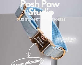 Personalized Velvet Dog Collar Color Blue – Custom Name Engraved Metal Buckle, Adjustable Pet Collar for Small Medium Large Dogs