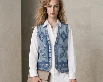 Sequin Embellished Denim Vest – Vintage Style Blue Jean Vest – Boho Layering Piece – Festival Outfit – Statement Denim Top