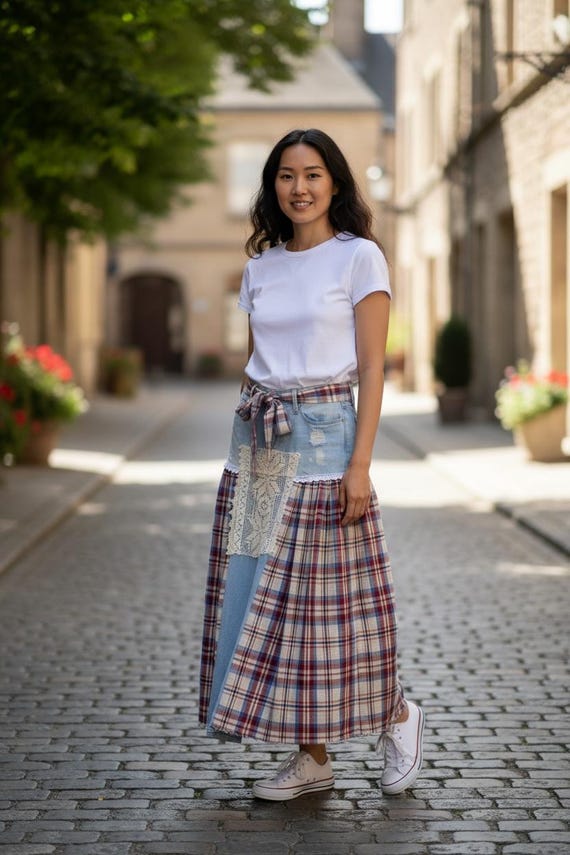 Upcycled Denim Maxi Skirt | Vintage Fabric Patchwork Jean  display picture 1
