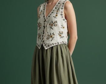 Cremefarbene, bestickte Baumwollweste | Gelbbraune Weste mit floralem Folk-Stil, Boho-Lagenlook