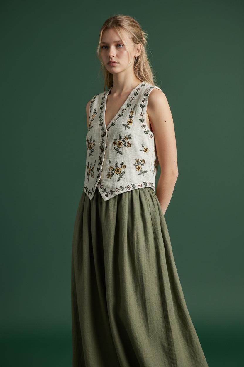 Cream Embroidered Cotton Vest Yellow Brown Folk Floral Waistcoat, Boho Layer