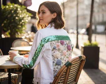 Embellished White Denim Jacket (S) – Wearable Art, Sequin Trim & Hand-Beaded Pearl Details
