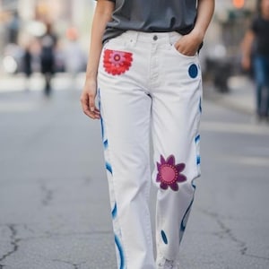 Upcycled White Denim Pants – Patchwork & Contrast Side Panels, Boho Wide Leg