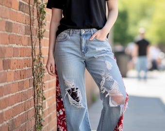 Upcycled Distressed Denim Pants | Boho Patchwork Jeans | OOAK Wearable Art Festival Trousers