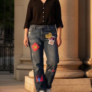 Upcycled GAP Denim Jeans | Hand Sewn Patchwork Boho Pants (W32)