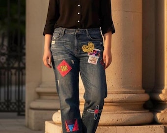Upcycled GAP Denim Jeans | Hand Sewn Patchwork Boho Pants (W32)