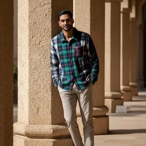 Handmade Flannel Patchwork Shirt | Turkish Cotton Boho Top | Fathers Day Gift for Him | Pom Pom Trim | Colorful Statement Shirt Unisex