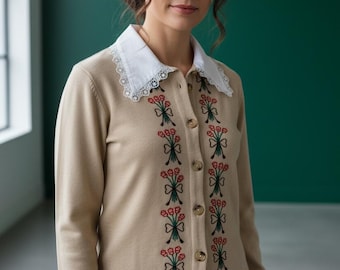 Embroidered Knit Cardigan with Rose Bouquet and Lace Collar | Cottagecore Boho Sweater