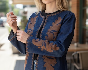 Embroidered Denim Jacket | Brown Floral Folk Boho Statement Coat