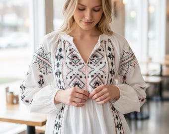White Embroidered Blouse | Boho Folk Linen Top for Mom, Spring Summer Wear