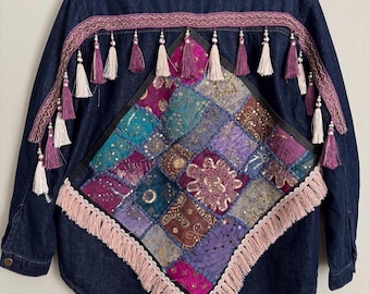 Denim Jacket Indian Patchwork Back | Purple Diamond Panel Tassel Fringe | Boho Wearable Art Gift | Hand Embellished Coat Size M
