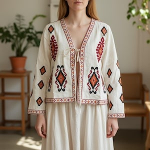 May include: Cream-colored embroidered jacket with a V-neck and long sleeves. The jacket features geometric and floral patterns in shades of orange, red, and black. The jacket is tied at the waist with a matching fabric tie.