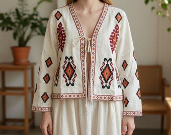 Embroidered Aztec Kilim Jacket | Cream Boho Folk Festival Coat