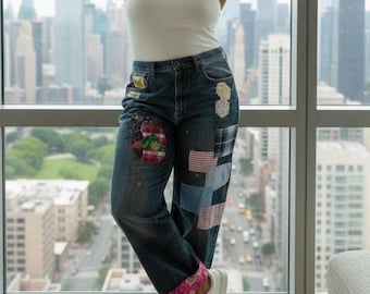 Upcycled Patchwork Denim Jeans with Beetle Appliqué and Floral Cuff | Boho Style Pants