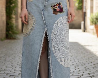 Upcycled Denim Lace Maxi Skirt | Boho Embellished Jean Skirt | OOAK Romantic Wearable Art Piece