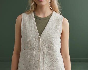 Cream Cotton Floral Embroidered Vest | Boho Folk Button-Front Waistcoat