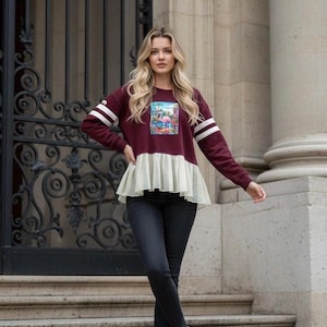 Upcycled Flamingo Sweatshirt | Reworked Statement Top with Ruffle Detail | OOAK Whimsical Wearable Art