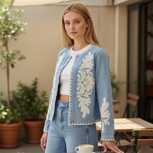 May include: Light blue denim jacket with white floral embroidery. The jacket features a round neckline and a button-up front. The floral design is on the front and sleeves. The model is wearing a white top and light blue jeans.