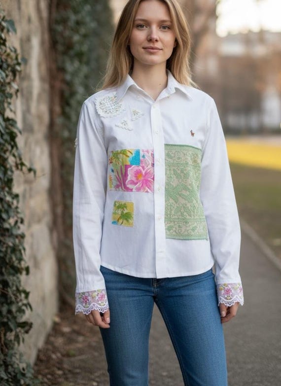 Upcycled Ralph Lauren White Shirt | Handmade Lace & Embroidery Button Up |  OOAK Romantic Artisan Blouse