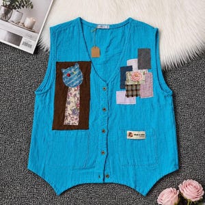 Upcycled Patchwork 100% Cotton Vest Top | Fish and Cat handmade patches